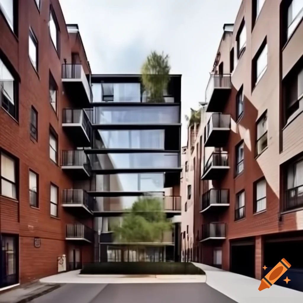 Midrise brick and glass apartment buildings on narrow street with tree ...