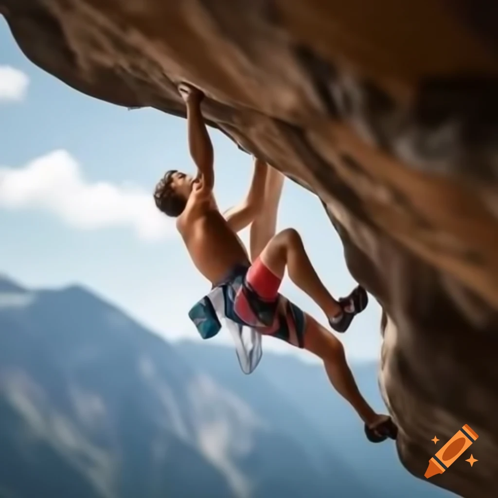 Climber ascending an overhang using only hands while rope climbing