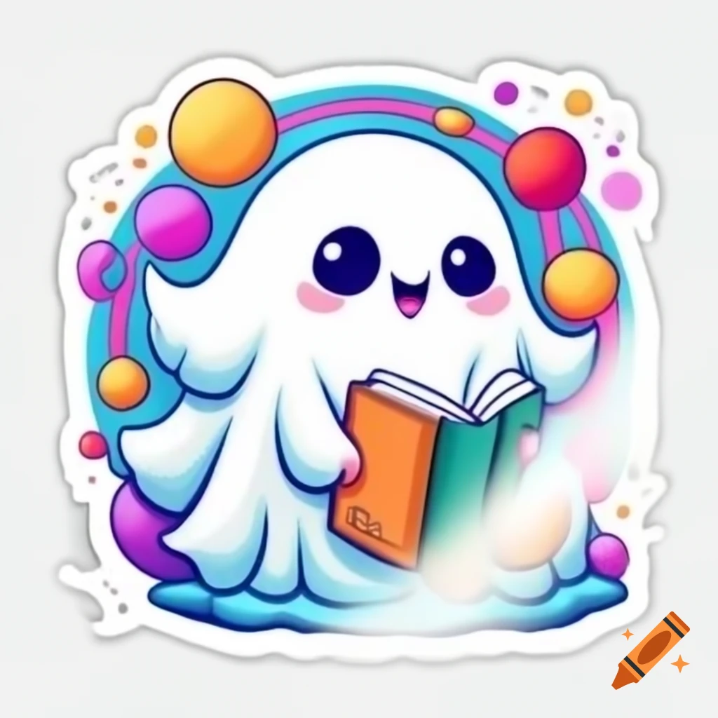 Cartoon ghost holding books with colorful design and sparkles