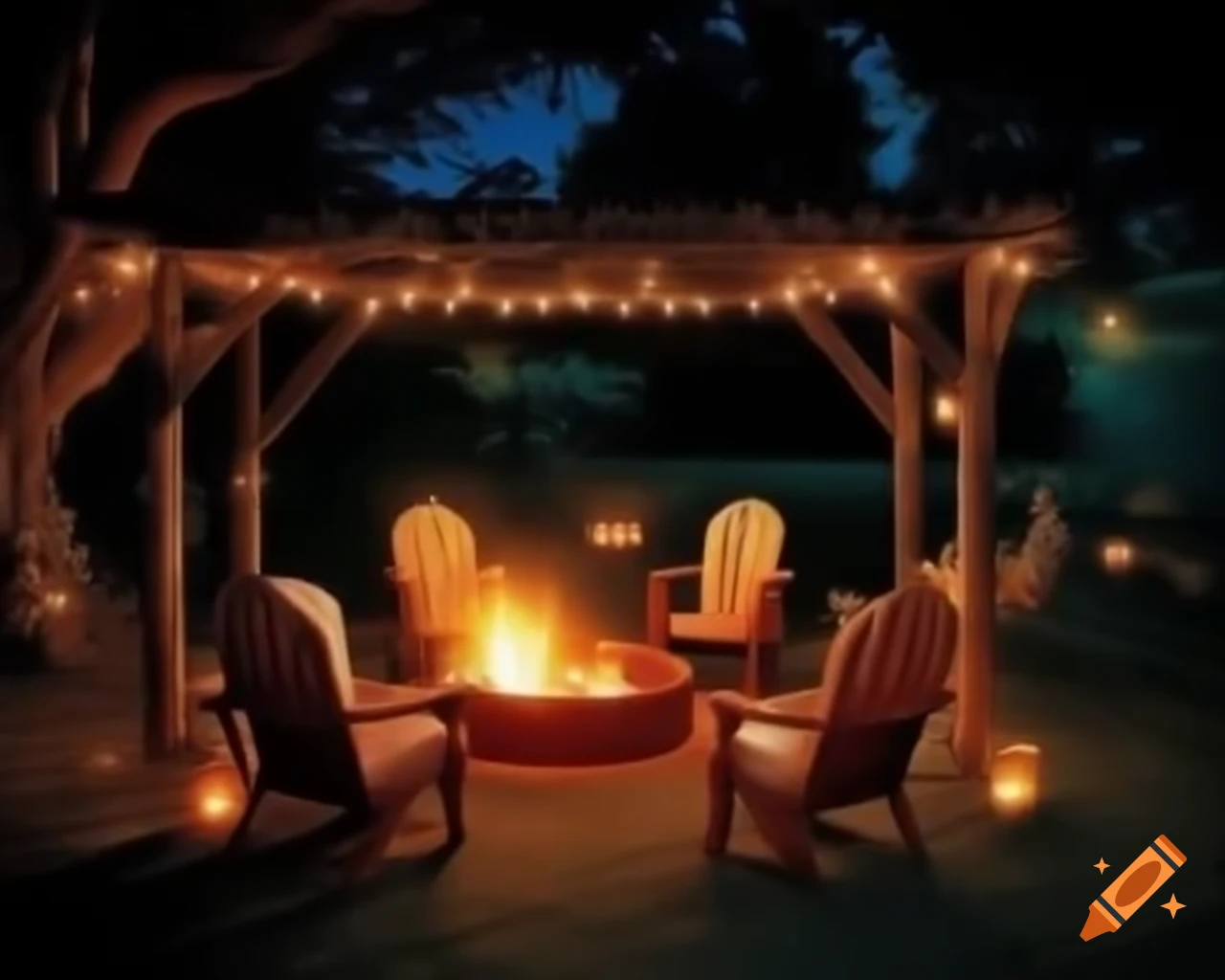 Cozy outdoor firepit with seating and fairy lights at night