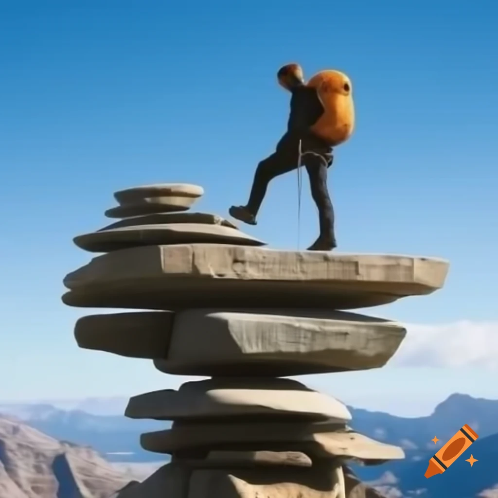 Mountain climber adding stone to giant rock cairn on mountain peak
