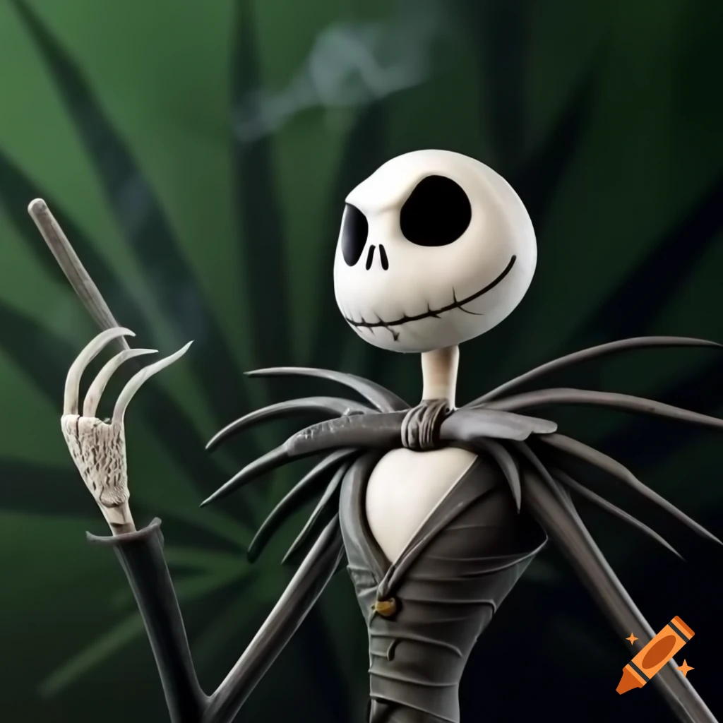 Jack Skellington dressed in green with cannabis background on Craiyon, image size:1024x1024