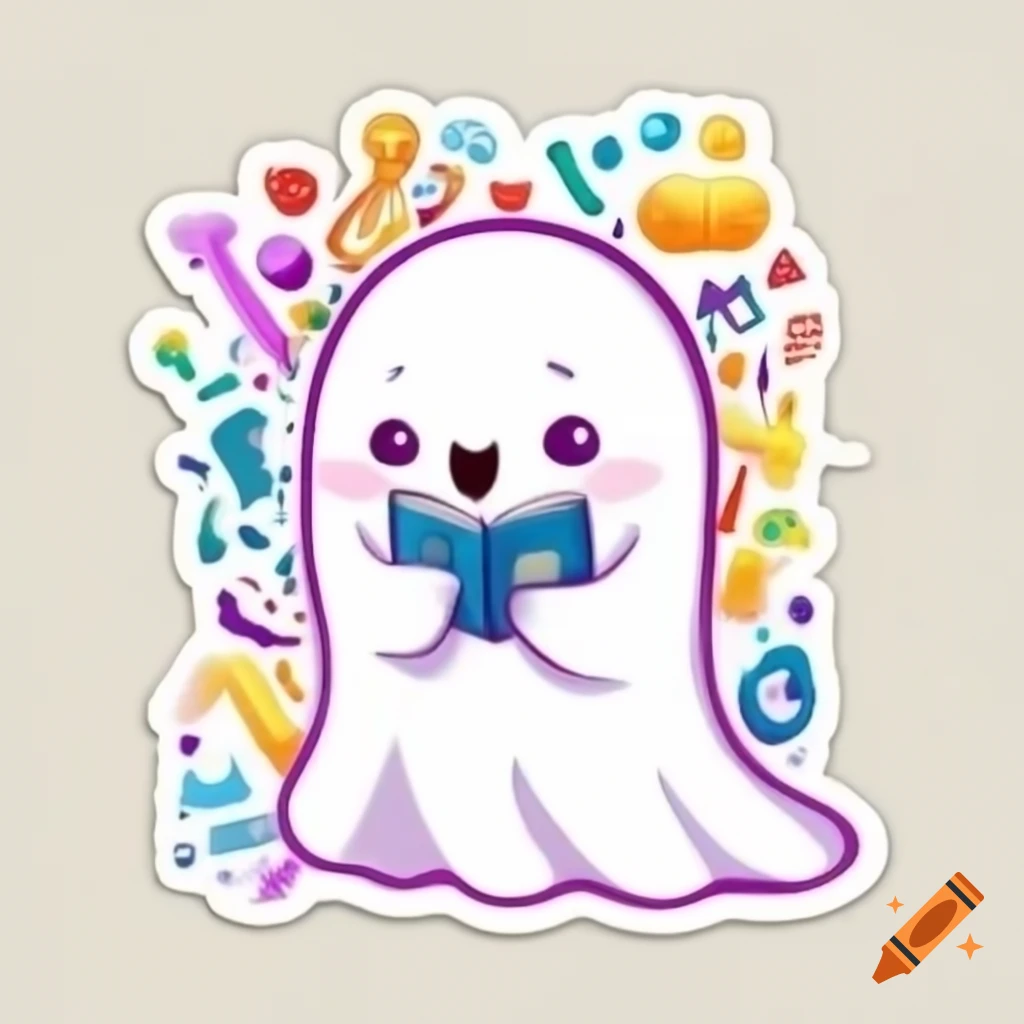 Cartoon ghost holding books with colorful design and sparkles