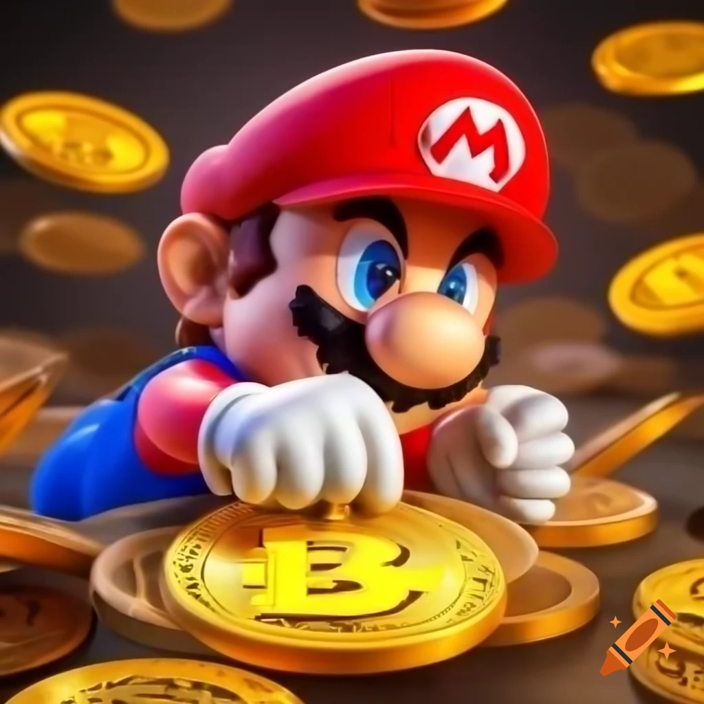 Mario character collecting Bitcoin coins on Craiyon