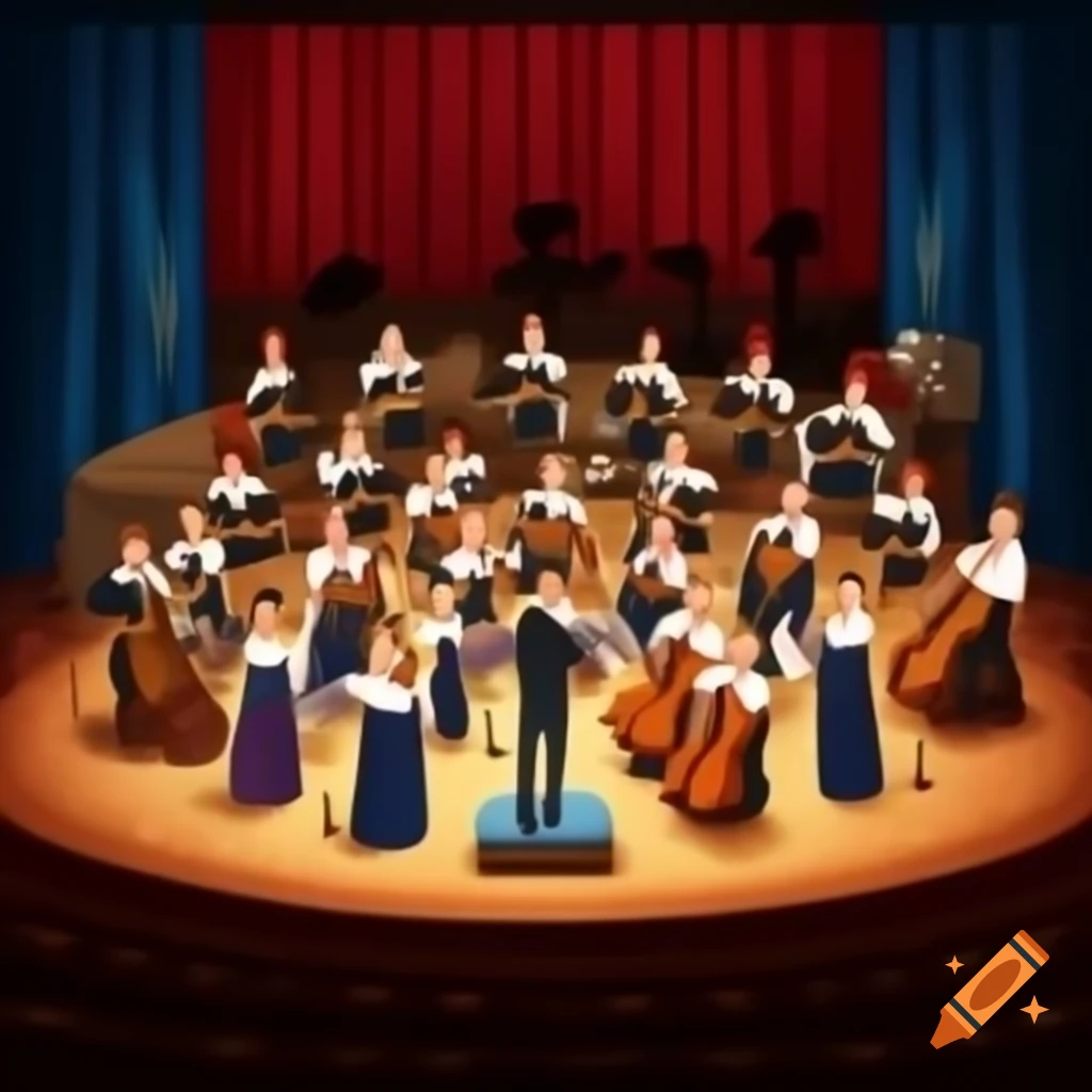 Polish folk music orchestra performing on stage in children's book illustration style