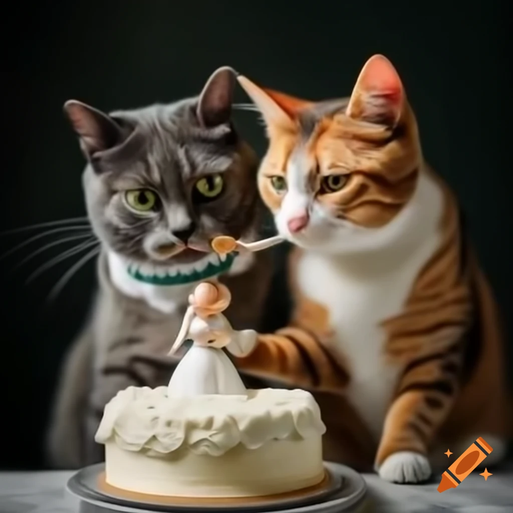 Two cats eating wedding cake with bride and groom figurine