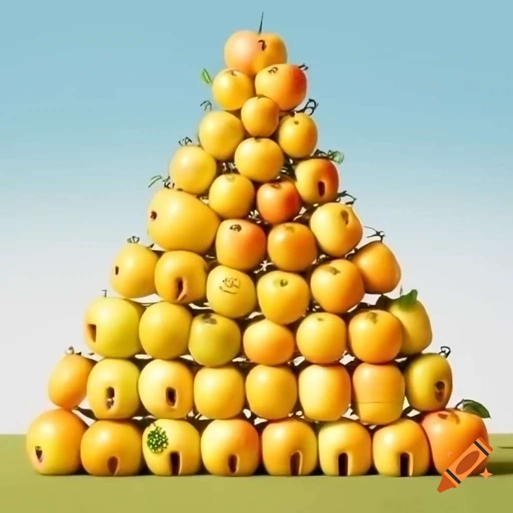 Pyramid constructed with small yellow apples, visually appealing project