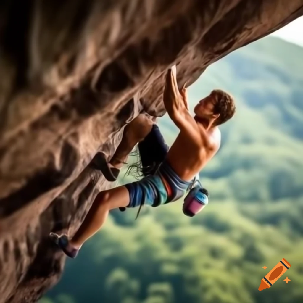 Climber ascending an overhang using only hands while rope climbing