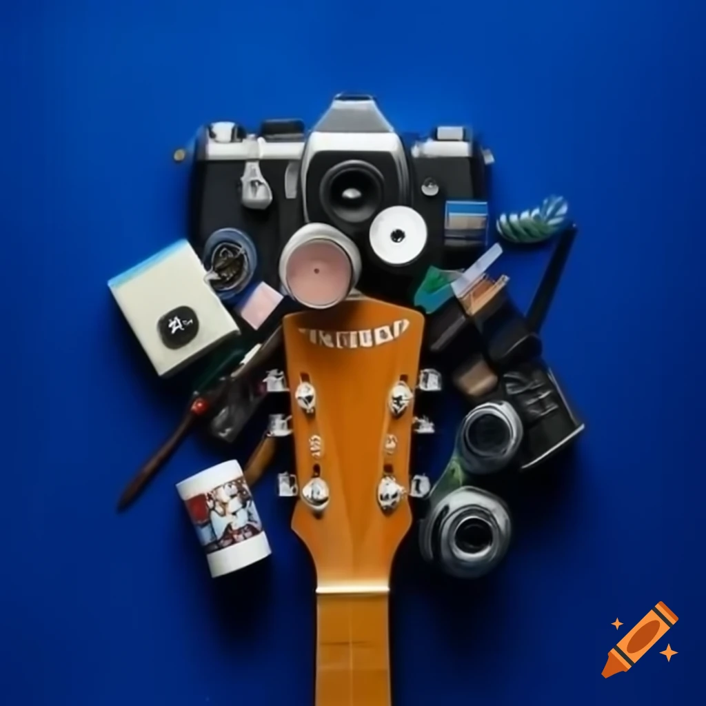 Variety of hobbies including guitar, ceramics, camera, headset, and paintings on blue background