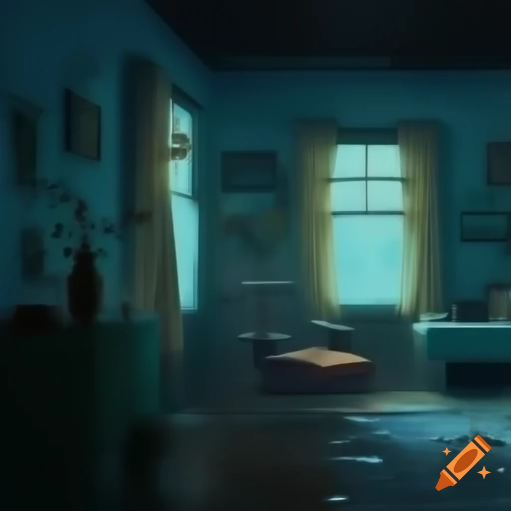 Cozy dimly lit room with vintage decor and rainy street view at night