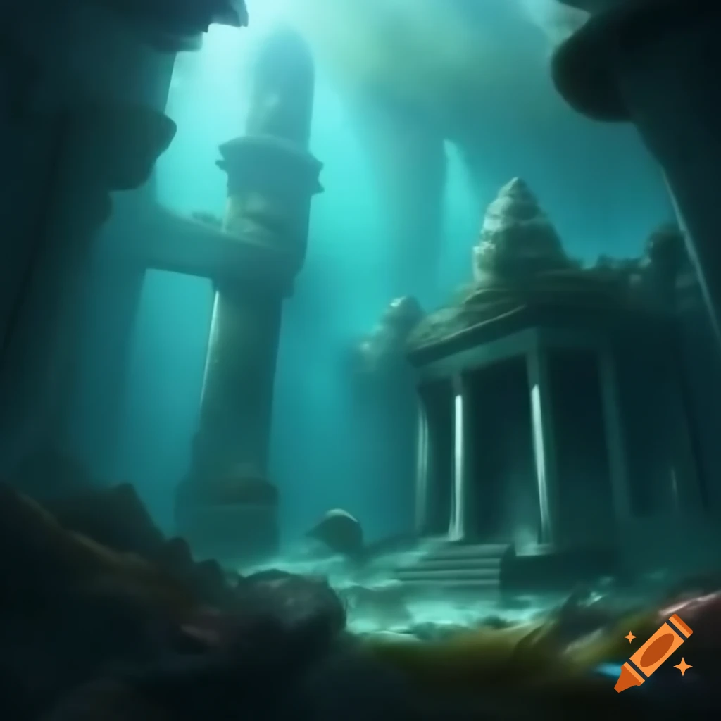 Ancient sunken city with coral-covered ruins and intricate statues on ...
