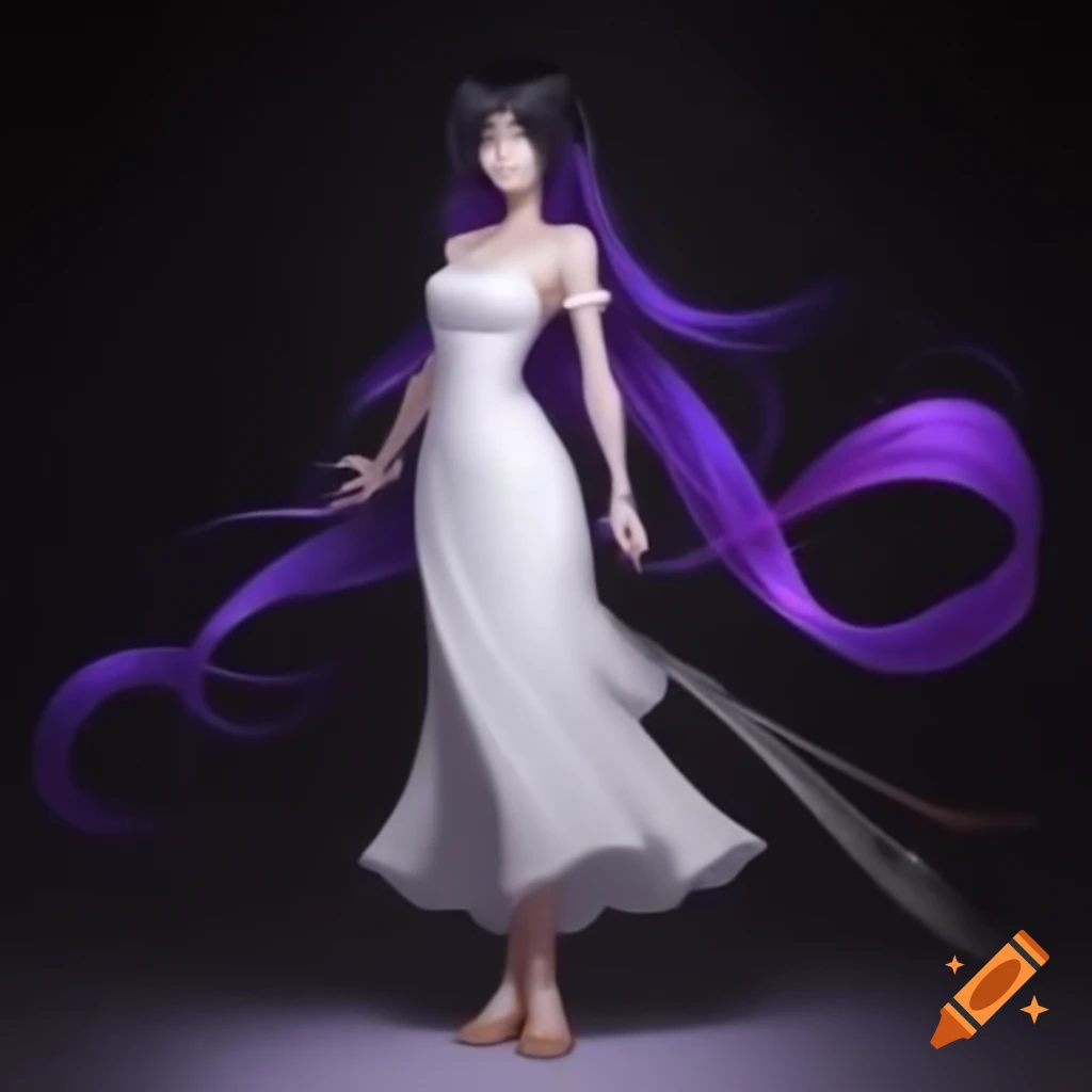 Woman in elegant white dress with purple highlights and sandals