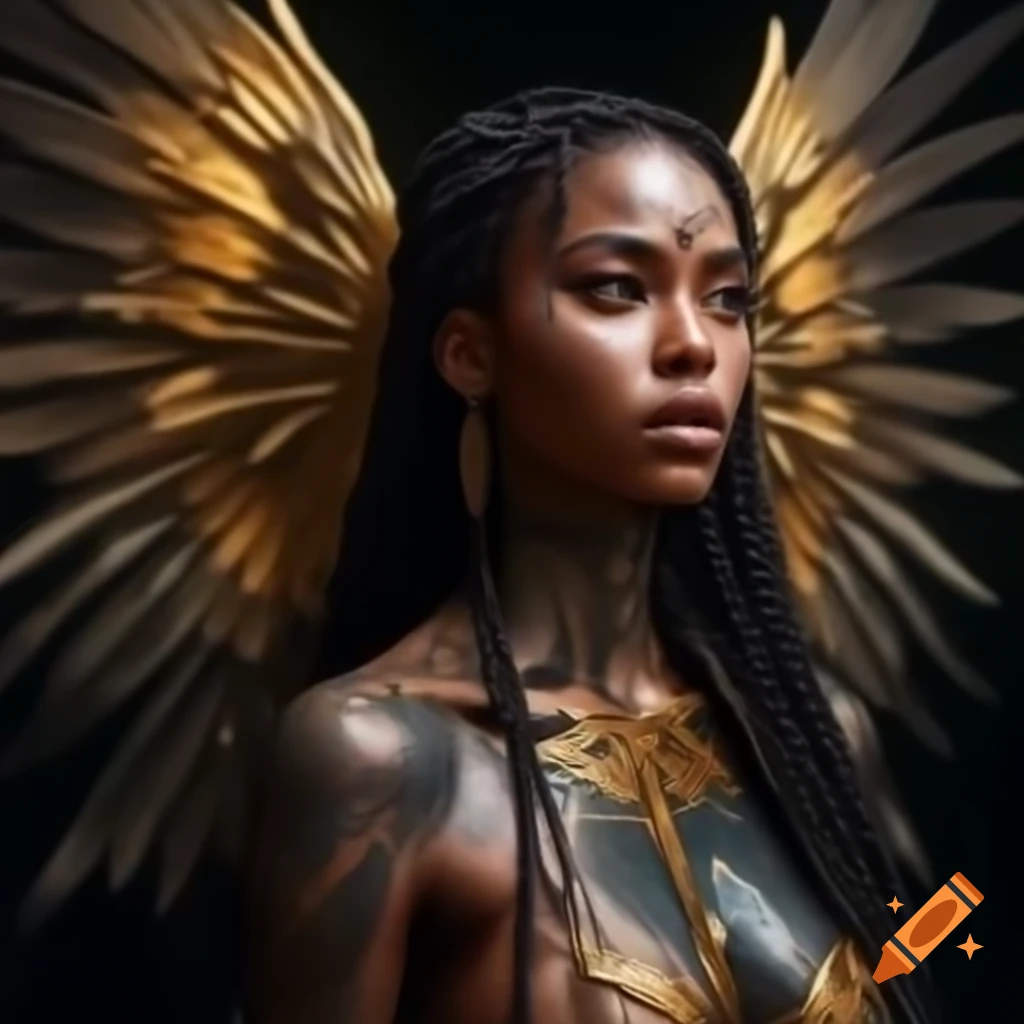  Hyper-realistic portrait of a woman with dark skin and golden angel ...