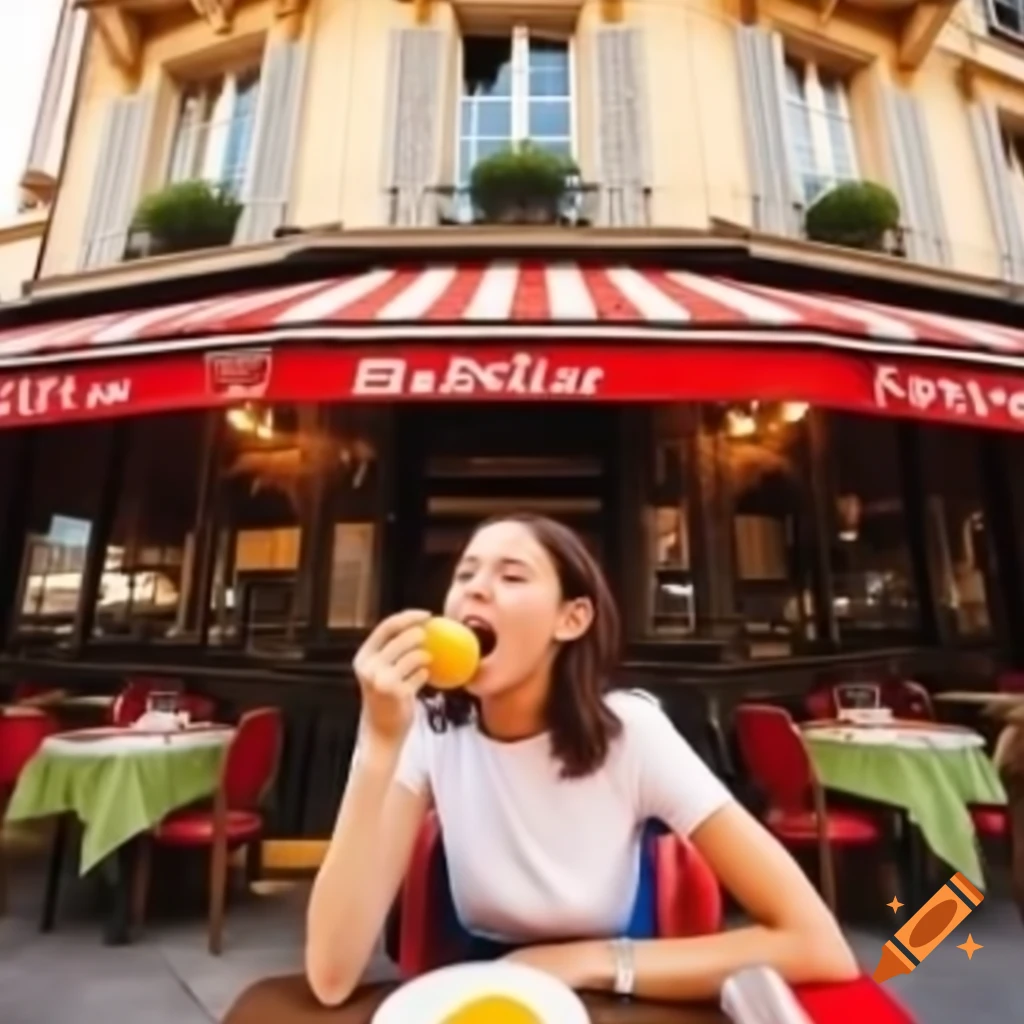 Person enjoying mustard outside a fancy French restaurant