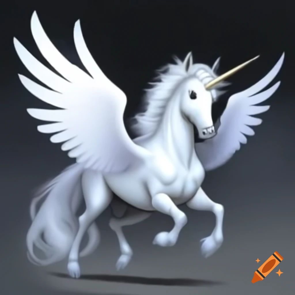 White Pegasus with unicorn horn in modern hand drawing style, majestic  wings on Craiyon