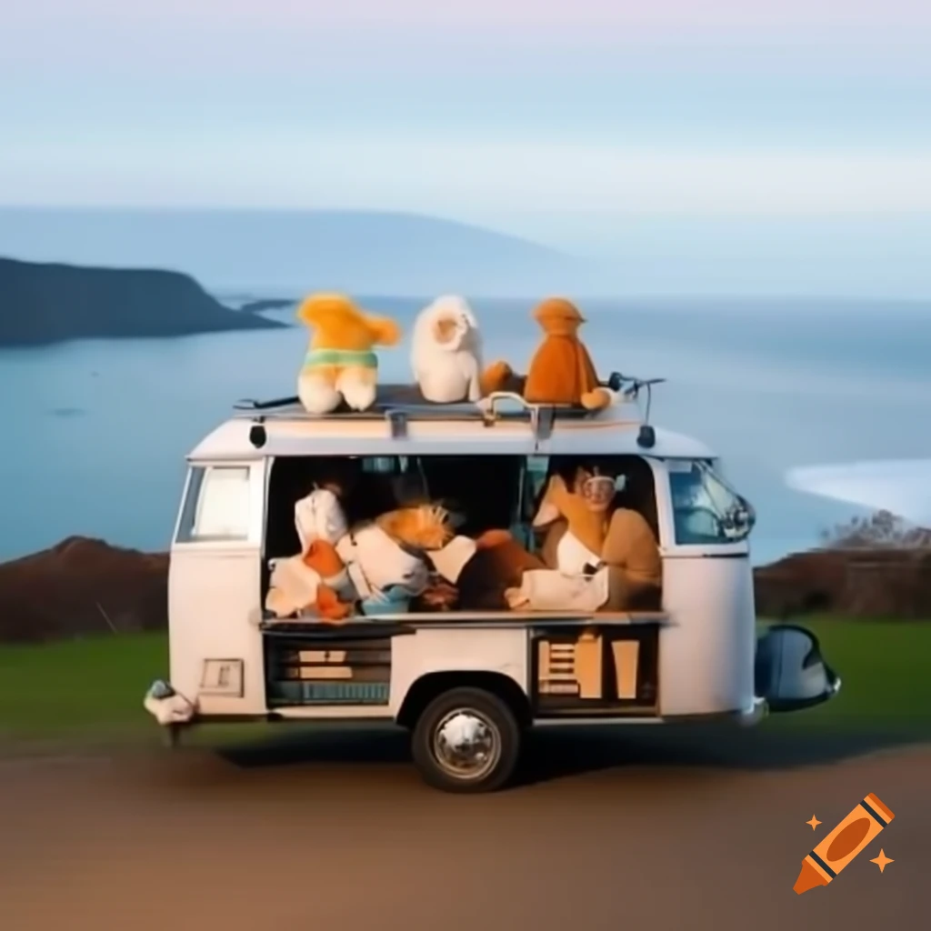 Cargo camper van at Washington coast with stuffed animals displayed in windows