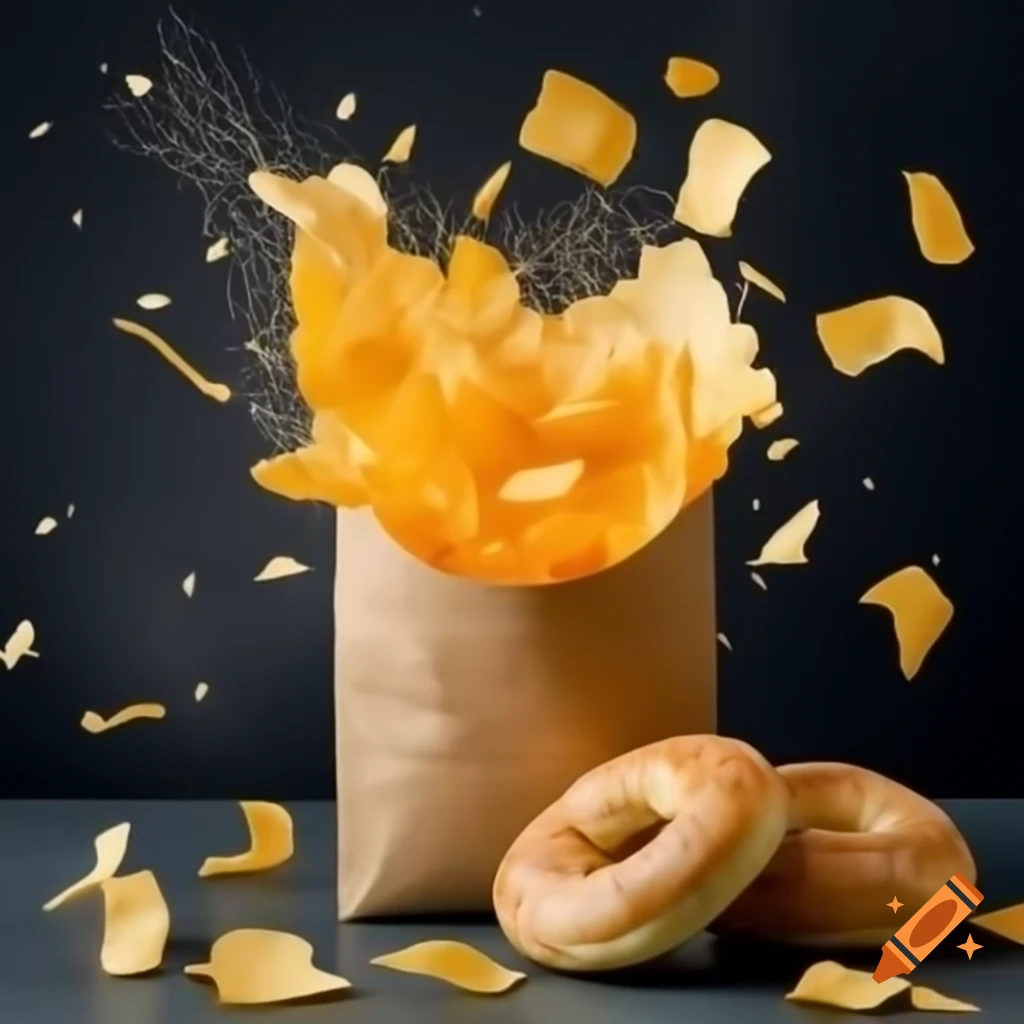 Crisps packet exploding upon impact with bagel on Craiyon