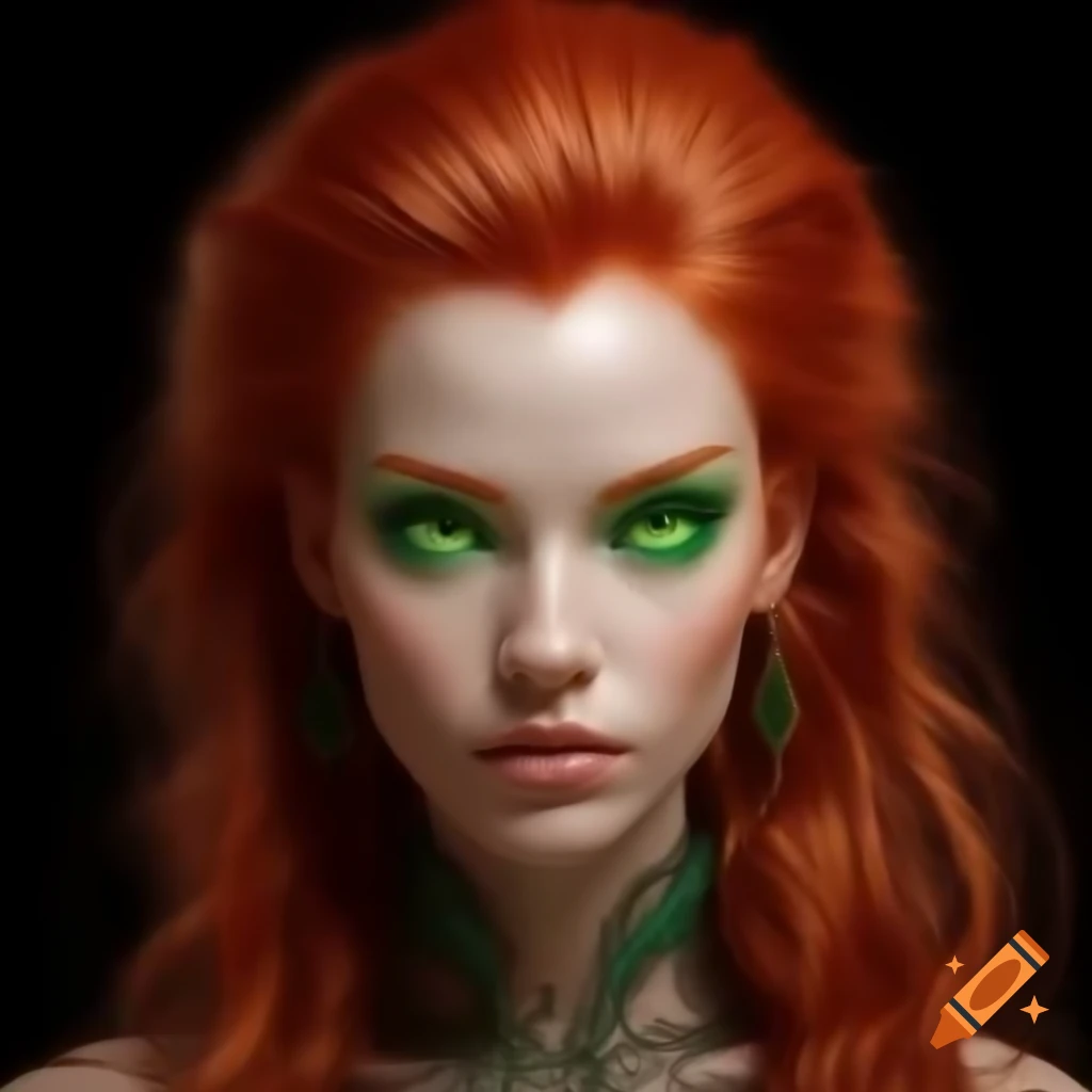 Hyperrealistic portrait of a young woman with red hair and green eyes ...