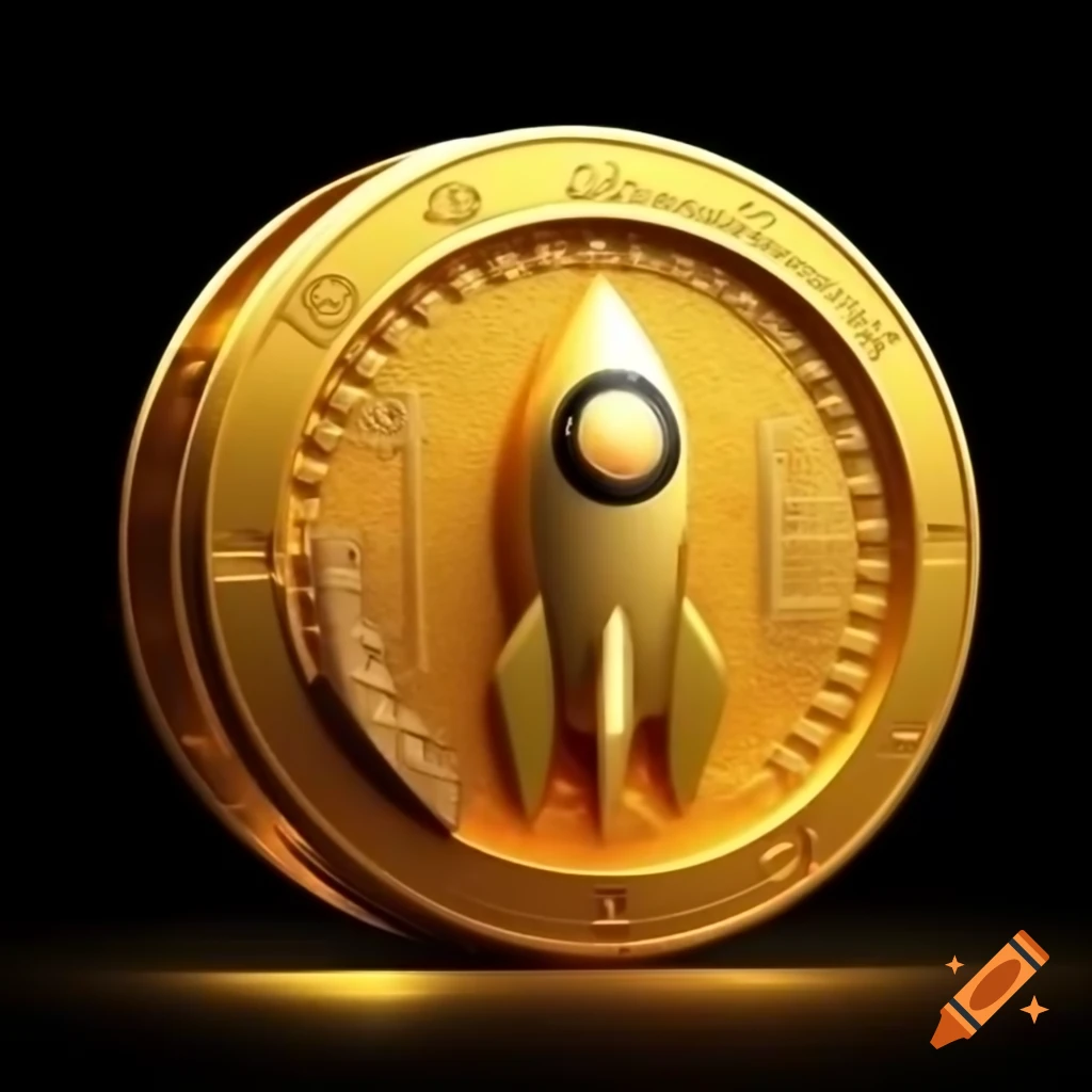 Metallic gold coin featuring a rocket design, crypto style on Craiyon