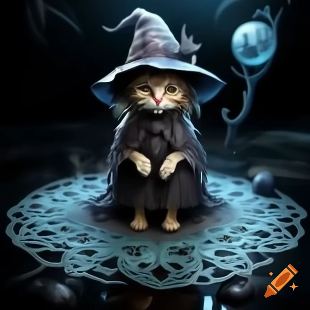 Small cat-headed witch on intricate azure lace doily atop reflective mercury tabletop