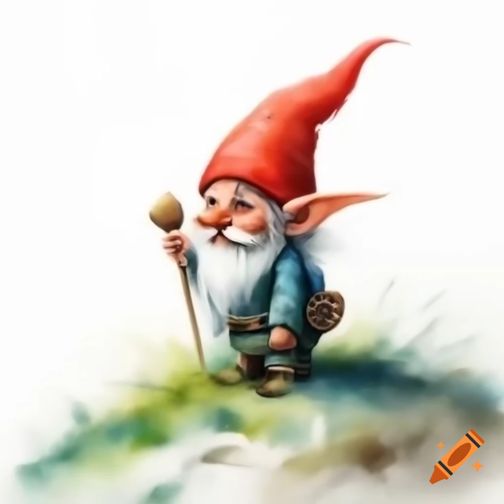 Gnome standing on hill looking up, watercolor illustration