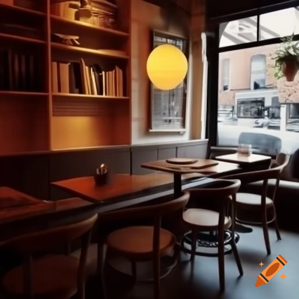 Cozy café interior with warm lighting and rustic wooden furniture on ...