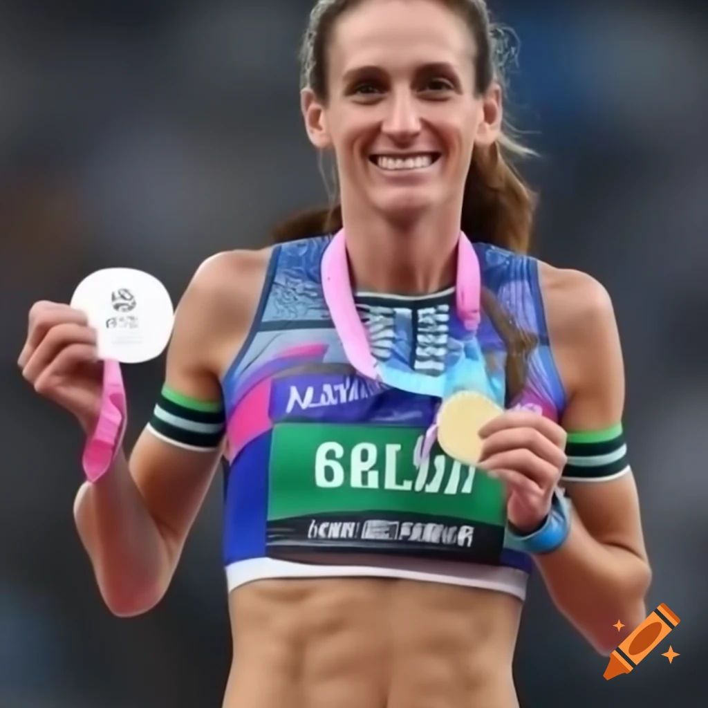 Female runner proudly displaying her medals