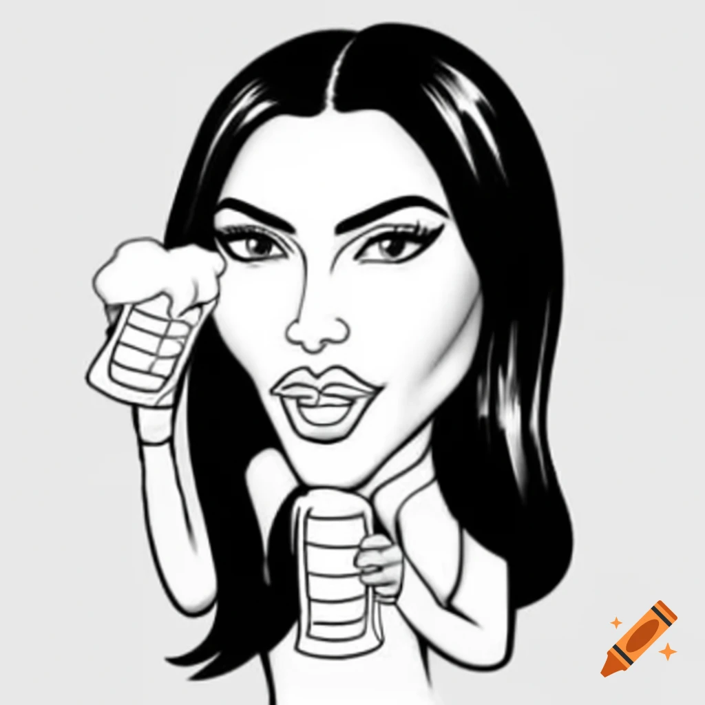 Black and white cartoon caricature of Kim Kardashian playing beer pong on  Craiyon, image size:1024x1024