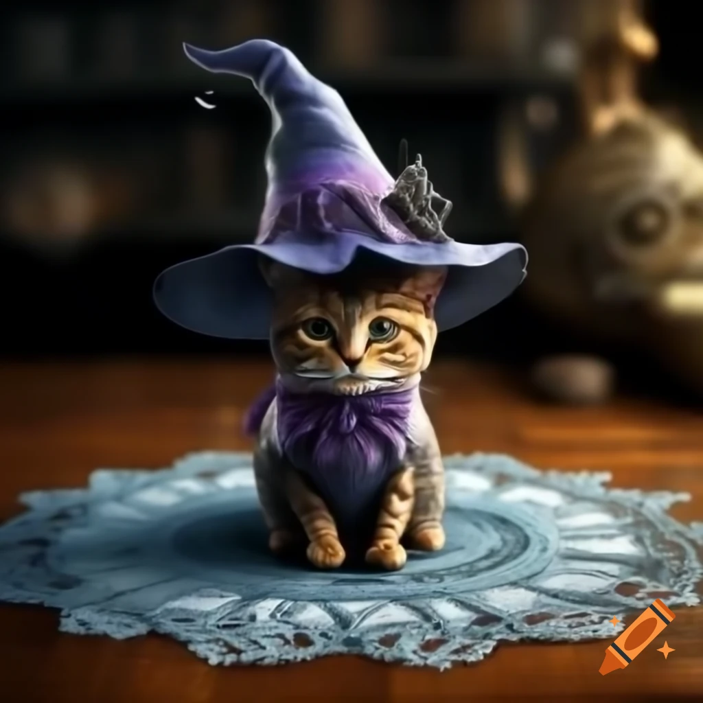 Small witch with cat head on intricate azure lace doily on polished wooden table