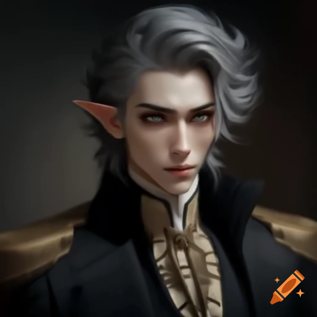 Handsome man with dark wavy hair, fair skin, and grey eyes on Craiyon