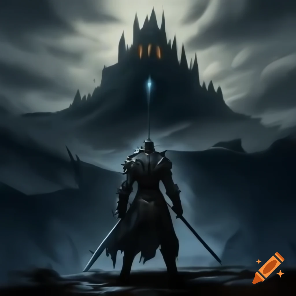 Dark knight with two swords facing castle on snowy mountain in gloomy fantasy setting