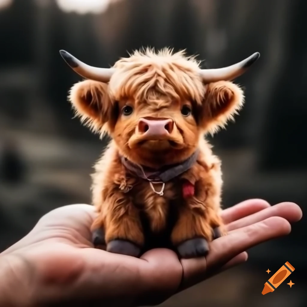 Cute baby highland cow in cowboy clothing held in hand, realistic detail