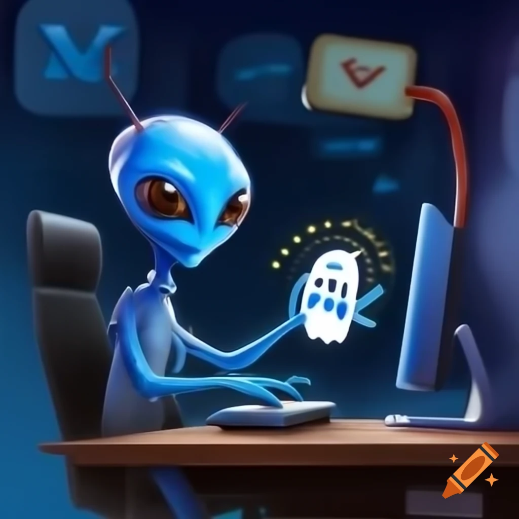 Blue alien with four arms typing at computer inside a rocket