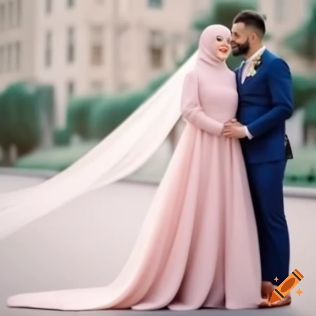 Muslim bride in light pink dress and hijab with groom in navy blue suit on  Craiyon