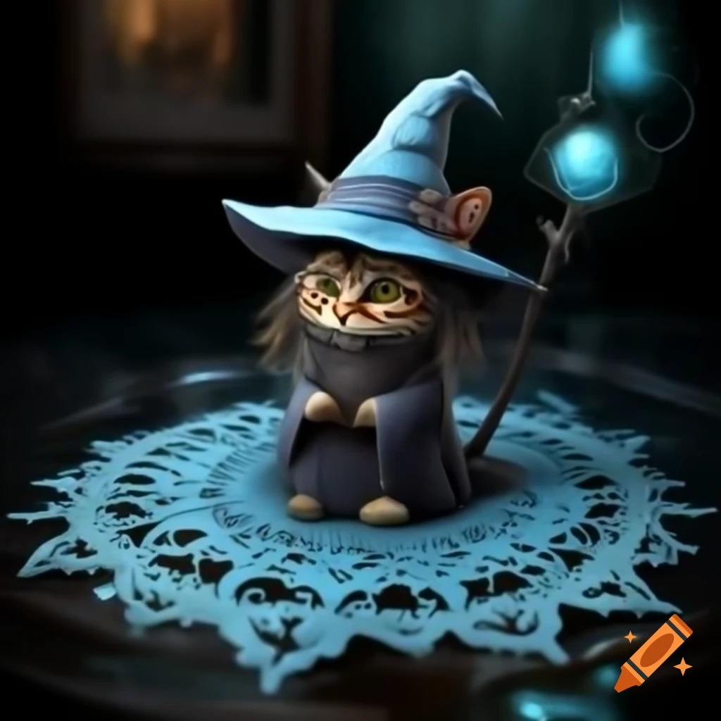 Small cat-headed witch on intricate azure lace doily atop reflective mercury tabletop
