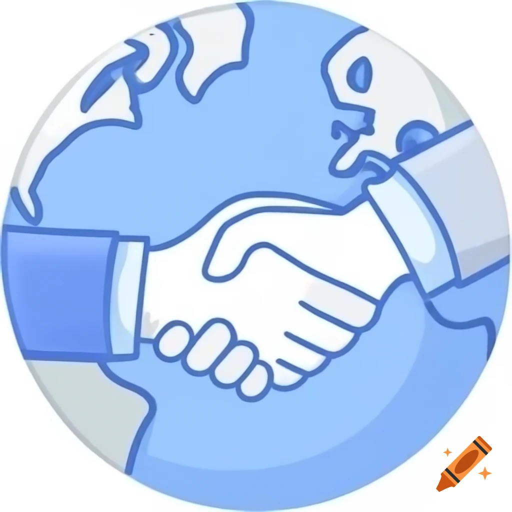 Minimalist drawing of blue Earth with a shaking hand in the center