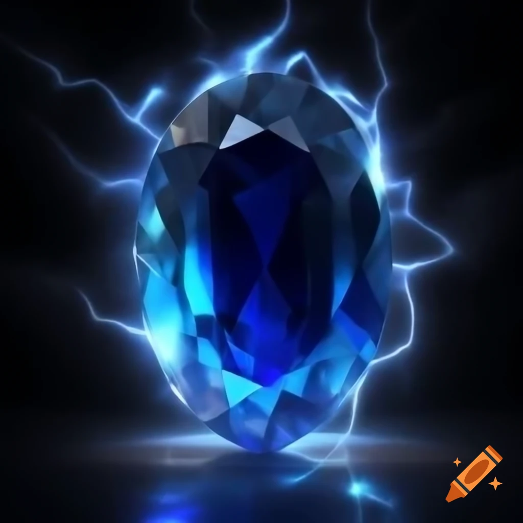 Glowing dark blue oval gem with lightning striking