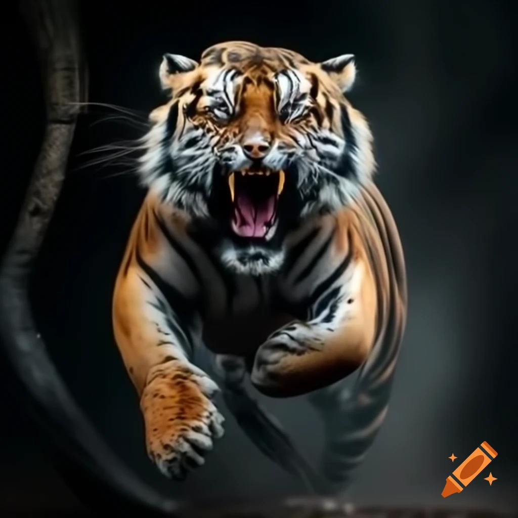 Fierce tiger roaring with claws extended against black background, dynamic motion