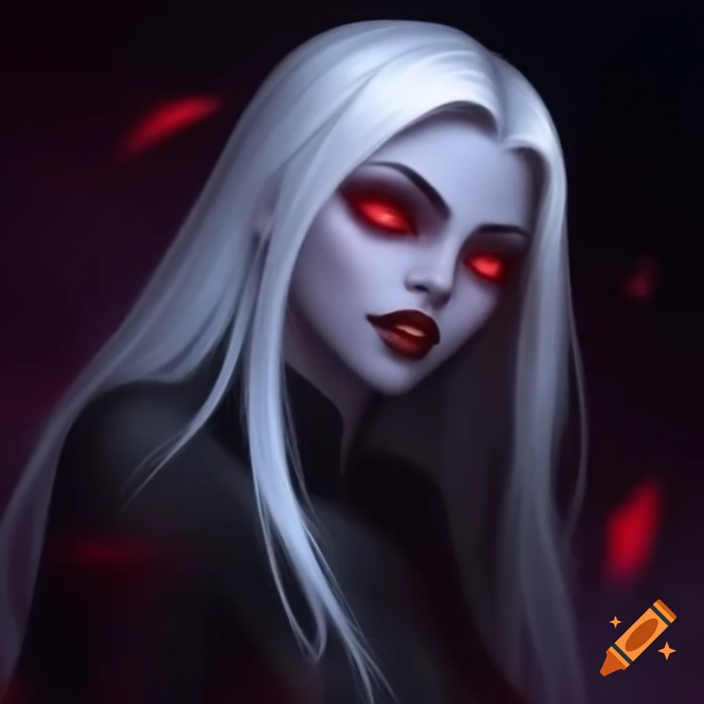 Female vampire with white hair and red eyes, showcasing fangs