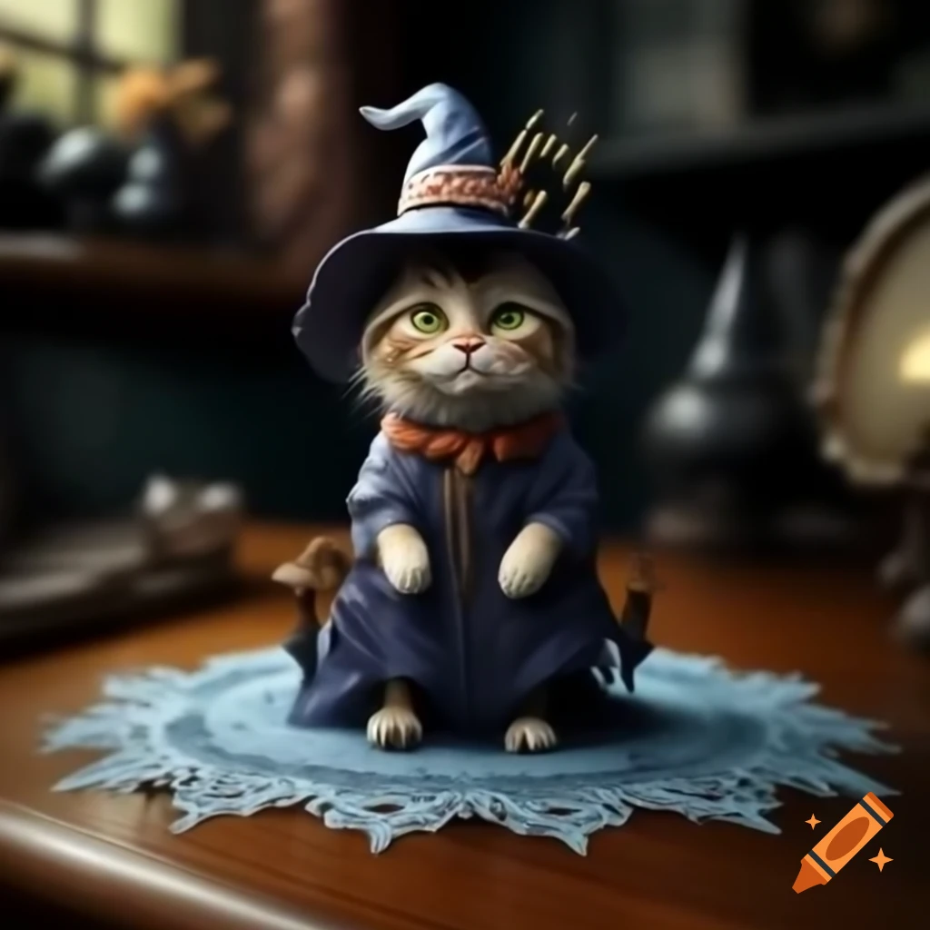 Small witch with cat head on intricate azure lace doily on polished wooden table