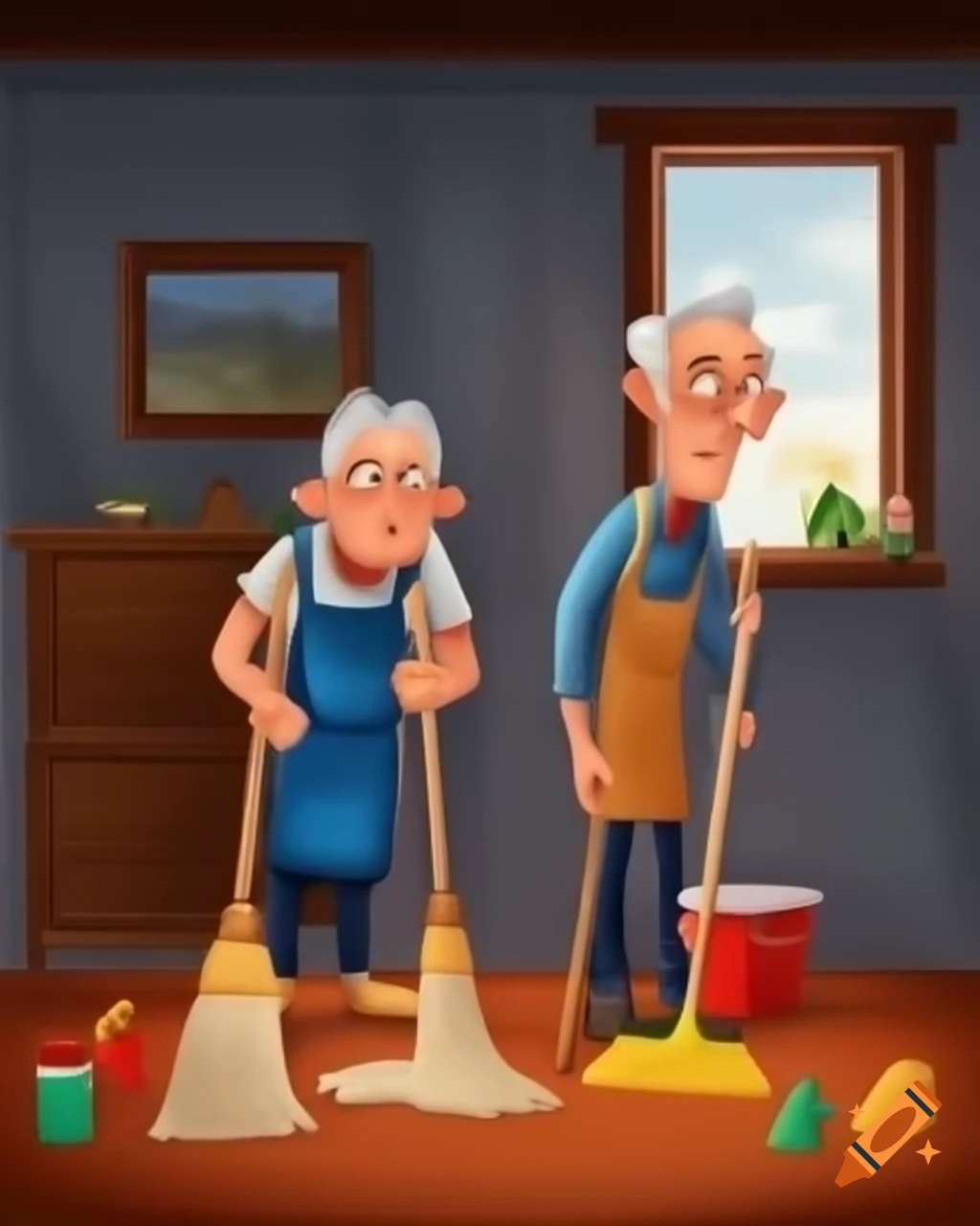 Tired old Caucasian couple cleaning in rural house