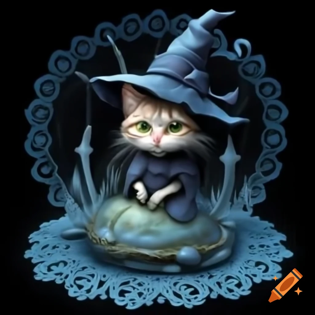 Small cat-headed witch on intricate azure lace doily atop reflective mercury tabletop