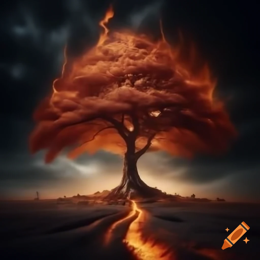 Tree sculpted from flames, representing fire art on Craiyon