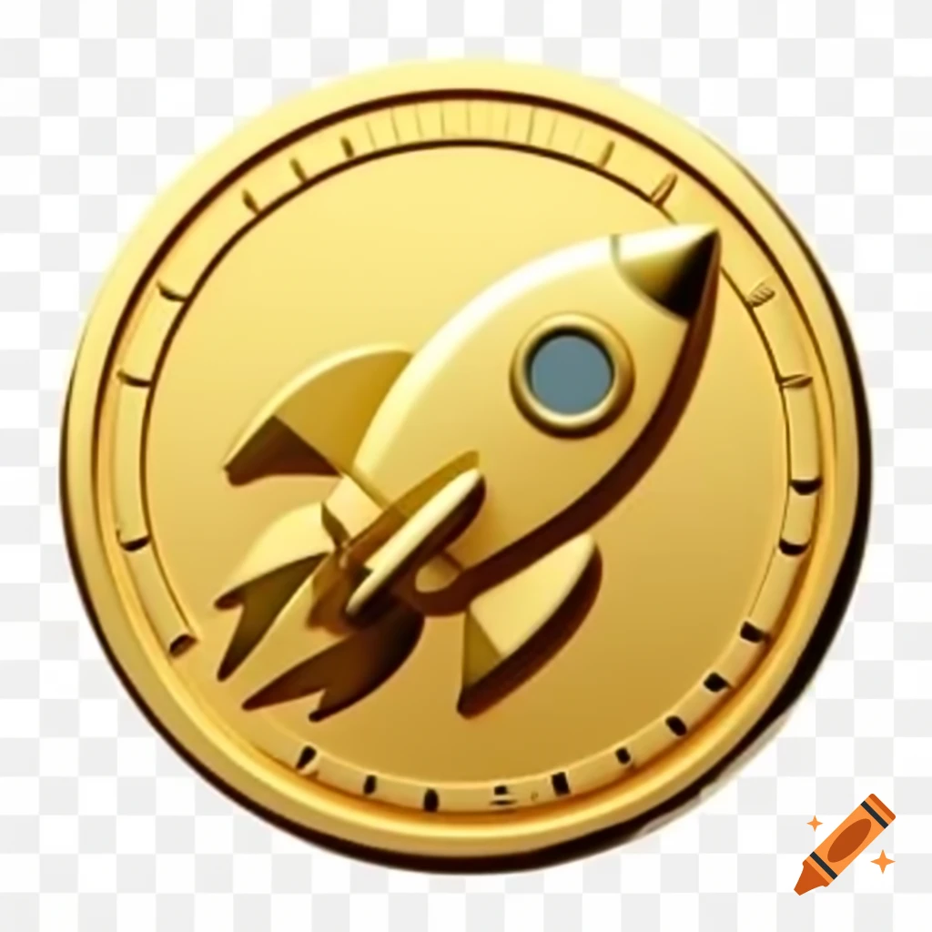 Metallic gold cryptocurrency coin featuring a rocket design on Craiyon