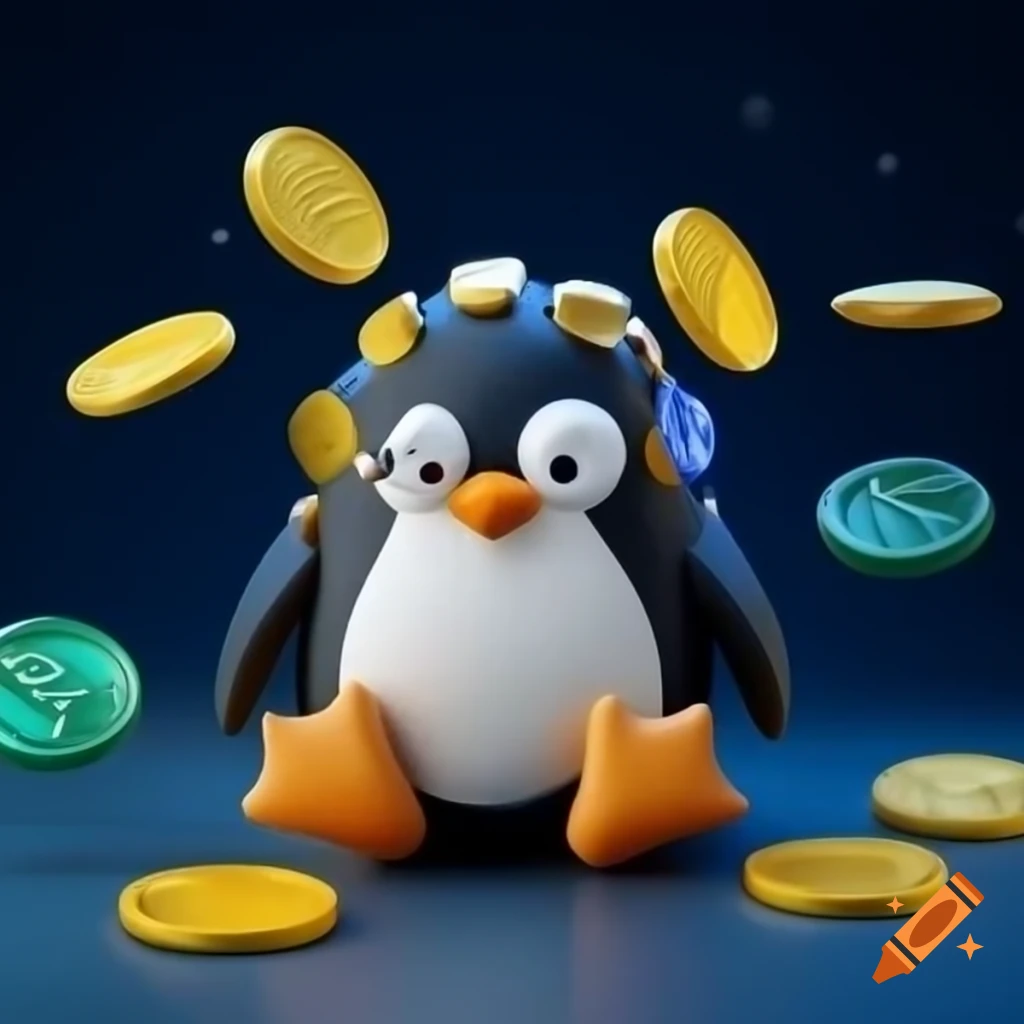 Cute penguin engaging in cryptocurrency activities like mining and trading  on Craiyon