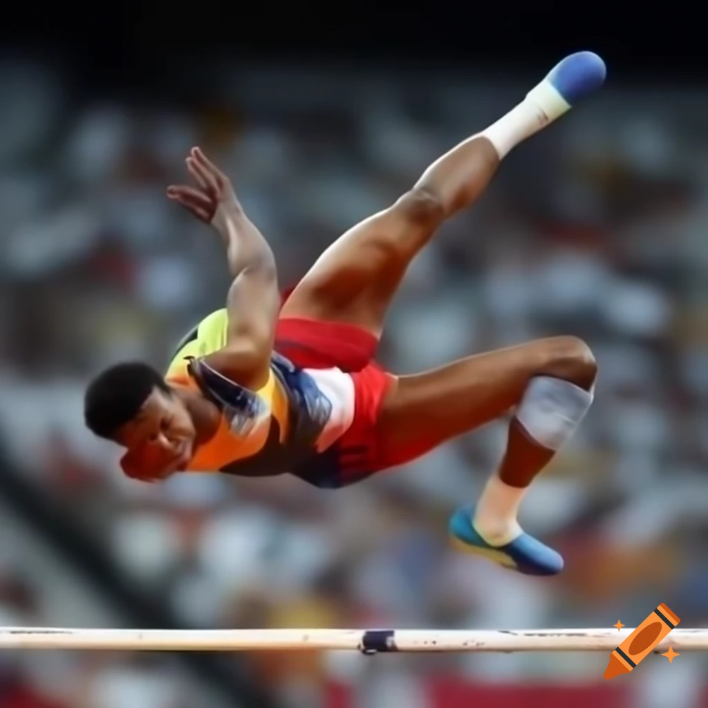 Colored drawing of a man performing long jump at the Olympics