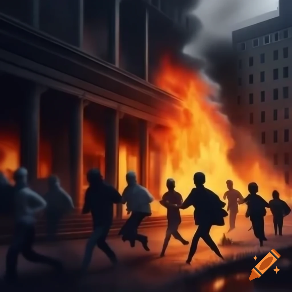 People running towards a burning building
