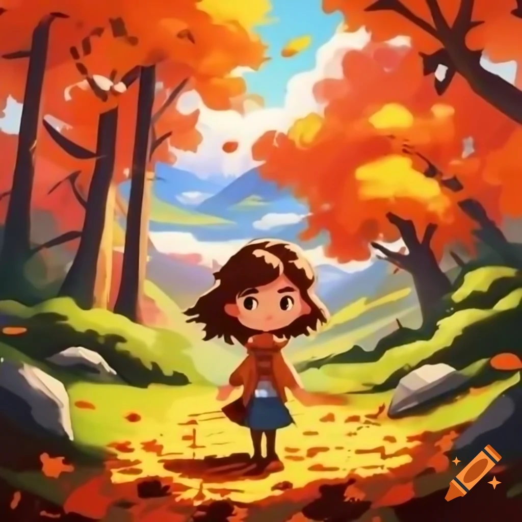 Young woman walking through vibrant landscape of autumn leaves and spring greens