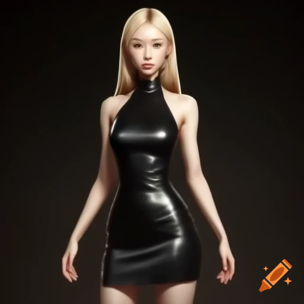Young Asian woman in sleek leather dress and glossy high heels