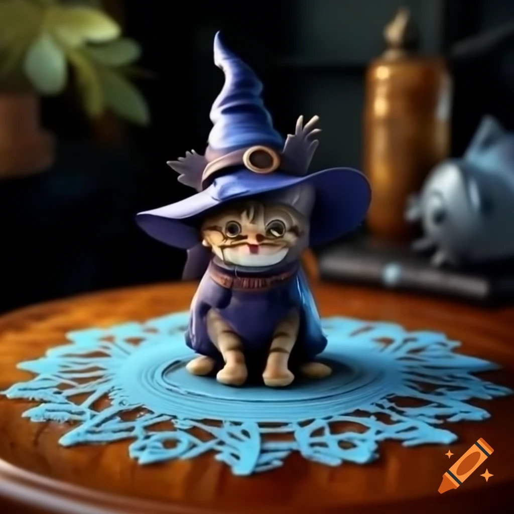 Small witch with cat head on intricate azure lace doily on polished wooden table